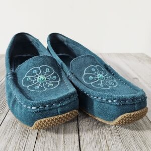 Predictions Size 10 Leather Teal Blue Embroidered Slip On Flats Mocassins Womens
